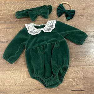 Little Me green romper with matching bows!